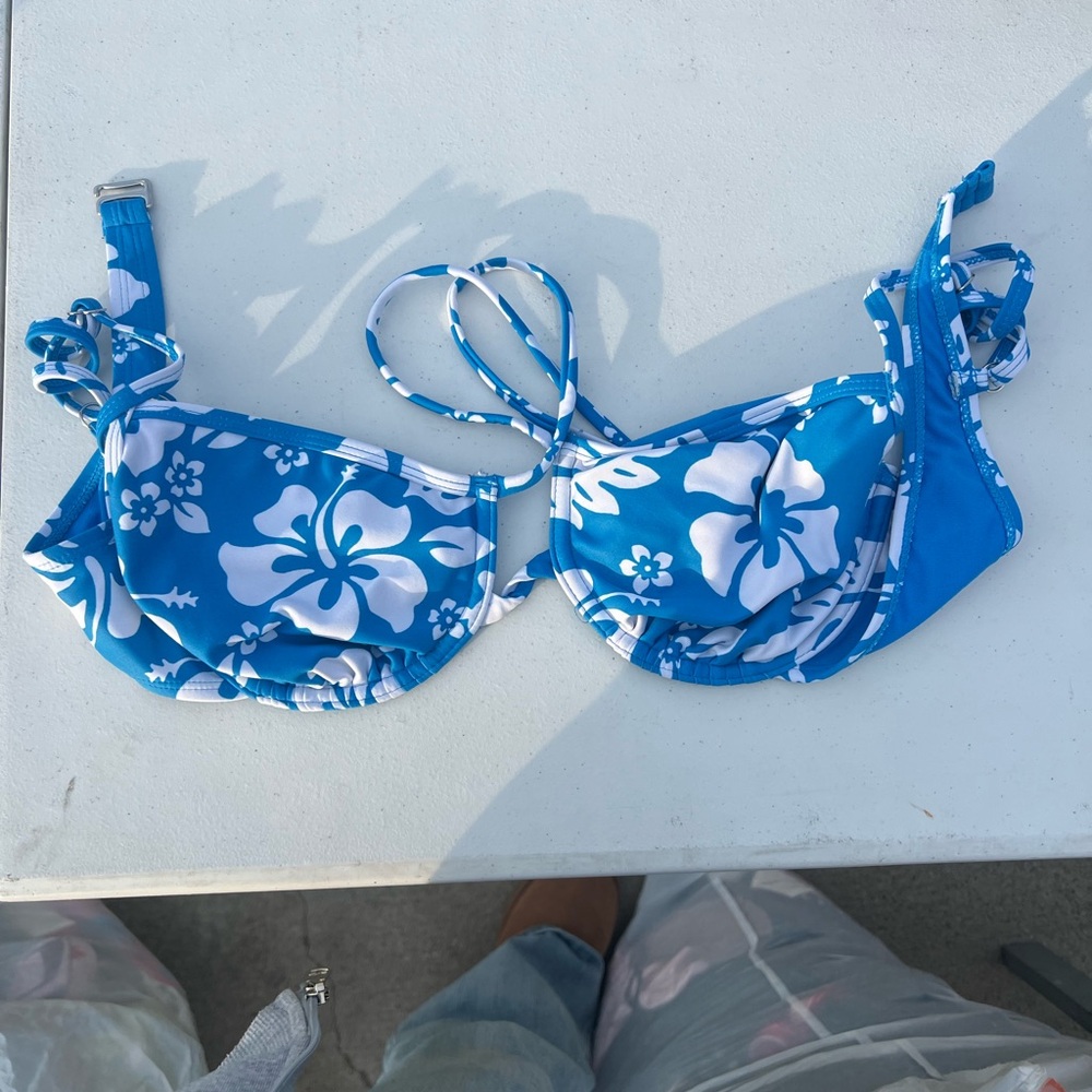 Tropical Blue and White Floral Bikini Top